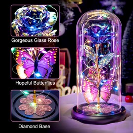Birthday Gifts for Women Mom, Galaxy Glass Rose Forever Eternal Crystal Flower Light Up Rose in Glass Dome with Butterfly Mothers Day Christmas Rose Gifts for Her Wife Sister Daughter Friends Purple