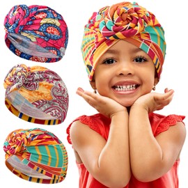 3 Pieces African Turban for Newborn Baby Kids Toddler Knot Pre Tied Bonnet Beanie Cap Headwrap (Classic Pattern)