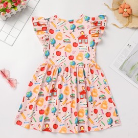 IBTOM CASTLE First Day of Kindergarten Dresses: Toddler Girls Back to School Dress Flutter Sleeve Pencil Print Summer Causal Dress with Bow Headband 2PCS Birthday Party Smocked Dress Pink 4-5 Years
