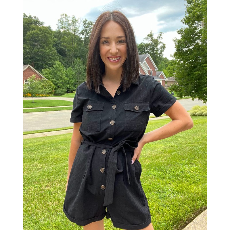 Roskiky Women's Summer Pockets Belt Romper Button Short Sleeve Jumpsuit