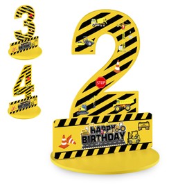 Construction 2nd Birthday Number Sign Centerpiece, Construction 2nd Birthday Party Decorations Wooden 2nd Table Decoration for Yellow and Black Striped 2 Years Old Birthday Supplies (2nd)