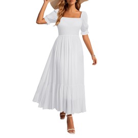 Holipick White Summer Dress Smocked Short Puff Sleeve Square Neck Tiered Flowy Maxi Long A Line Boho Casual Dresses