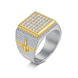 Fanshu Steel Ring, Stainless Steel Titanium Iced Out Luxury Full Zirconia Human Sign Totem Square Hip Hop Ring for Men Women Couple Friends Gift Fashion Jewelry (8)