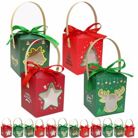 YankMooM 16pcs Christmas Candy Boxes,8.5 x 8.5 x 10cm Reusable Christmas Party Gift Boxes DIY Christmas Sweet Boxes Xmas Favor Boxes with Window and Handle for Xmas Party Supplies(4 Designs)