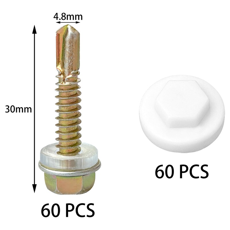 60 PCS Hex Head Self Drilling Screws with Plastic Caps,