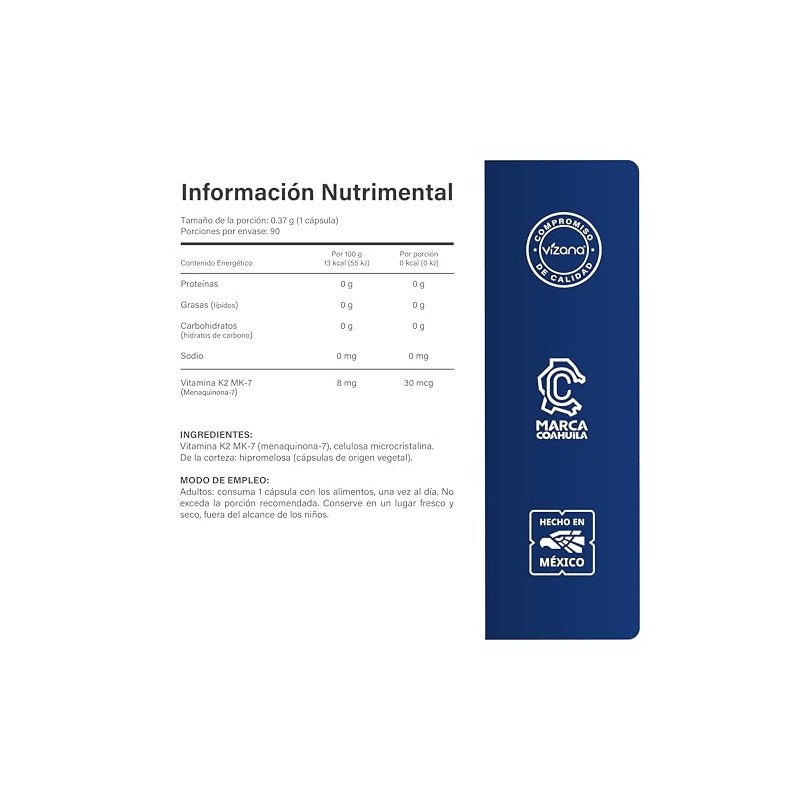 VIZANA NUTRITION | Vitamina K2-mK7 en Cápsulas HPMC Vegetarianas (90