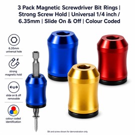 3Pcs Screwdriver Head Magnetic Ring, Strong Alloy Magnetic Screw Ring 6.35mm 1/4 Inch, Removable Universal Magnetic Drill Bit Holder for Hex Screwdrivers & Power Drill, DIY Repair, Red Yellow Blue