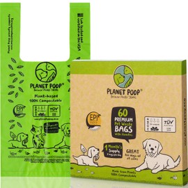 PLANET POOP Home Compostable Dog Poo Bags with Handles, Standard Size 60 Count, Un-Scented Dog Waste Bag, Thick Leakproof Doggy or Cat Bag, Plant-Based Eco & Earth Friendly Pet Supplies
