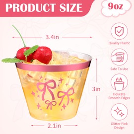 Funnymoom 50 Pcs Pink Bow Plastic Cups 9 oz Disposable Hard Plastic Cups for Bridal Shower Party Pink Bow Clear Wine Tumblers for Birthday Engagement Baby Shower Wedding Party Supplies