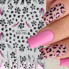 2 Sheets Colorful French Leopard Nail Stickers for Nail Art,3D Self-Adhesive Nail Decals Holographic Leopard Nail Sticker Flower Bow Leopard Print Pattern Nail Design for Women DIY Nail Decoration