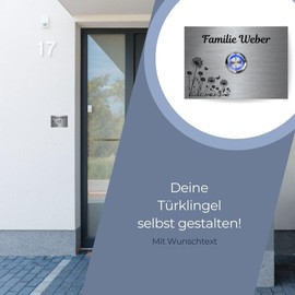 CHRISCK design - Stainless Steel Bell with Engraving and Own Name - Doorbell Model Weber 10 x 7 cm | Modern Coloured Luminous LED Bell Push | Bell Plate Stainless Steel with Motifs