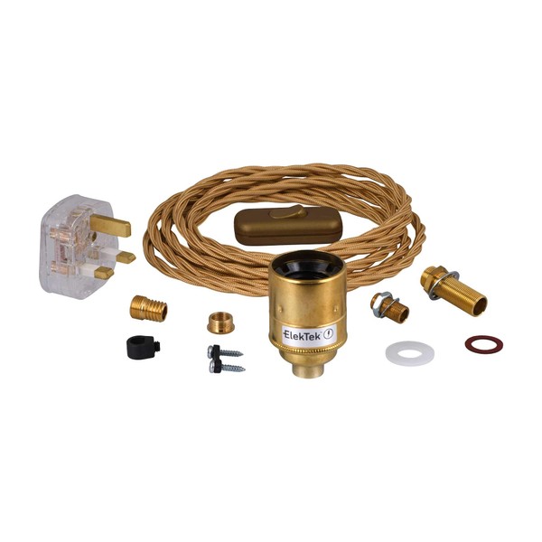 ElekTek Premium Lamp Kit Brass Plain E27 Lamp Holder with Twisted Gold Flex, in Line Switch and 3A UK Plug