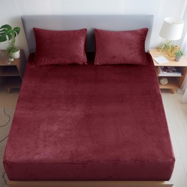 David's Home Truly Velvet Fitted Sheet Queen Size,Ultra Soft Bottom Sheet 16" Deep Pocket, All-Round 2.5cm Wider Strong Elastic, Plush Cozy Comfy Warm for All Season, 60x80+16", Wine Red,NO Pillowcase