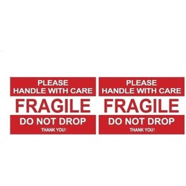 Fragile Please Handle with Care Do Not Drop Label Stickers 2" x 3" Waterproof, Bright Red (50 Stickers)