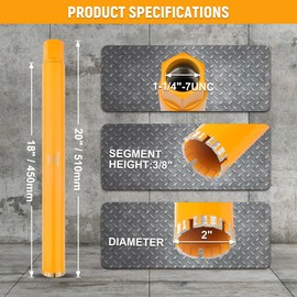 Hoteche Diamond Wet/Dry Core Drill Bit 2-Inch Diameter Hole Saw of 18-Inch Drilling Depth, 1-1/4"-7UNC Thread for Concrete, Brick, and Stone Drilling