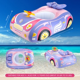 Car Baby Pool Float, Thick PVC Baby Swim Floats, Toddler Pool Floats, Inflatable Baby Swimming Float Seat Boat with Steering Wheel for Kids 12-18 Months, 12-24 Months 2-3, 3+ Years Old (Pink)