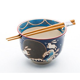 Happy Sales HSRB-RBMN, Japanese Ramen Udon Noodle Bowl with Chopsticks Gift Set, Rabbit