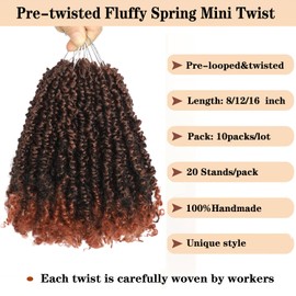 10 Packs Yanky Twist Crochet Hair 8 Inch Pre-twisted Natural Black Kinky Mini Spring Twist Small Curly Senegalese Twist Braids Yankee Twist (T350(Ombre Ginger Red), 8 Inch (Pack of 10))