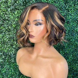 Oulaer Wig Highlight Ombre Wavy Wig Brazilian Body Wave Short Bob Wig, Remy Hair 13x4 HD Transparent Lace Front, 1B27 Brown