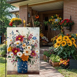 4th of July Mason Jar Colorful Flowers Garden Flag for Outside 12x18 Inch Double Sided Burlap Spring Summer Floral Memorial Day Independence Day Holiday Outdoor Decorations Yard Flag