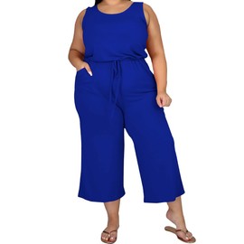 TOPSRANI Womens Plus Size 2 Piece Outfits Sweatsuits Casual Tracksuit Sleeveless Baggy Wide Leg Long Crop Pants Sets Light Blue 1XL