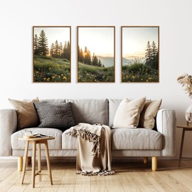 FWIEXA Green Forest Mountain Framed Canvas Wall Art Set, Wildflower Meadow Wall Decor, Floral Pictures Artwork, Nature Sunset Landscape Art Prints for Living Room, Bedroom, Office - Size 24"x36"x3