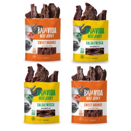 BAJA BEEF Jerky Snack Packs - Beef Jerky Variety Pack, Beef Jerky Gifts for Men, Beef Jerky Sampler, High Protein Craft Jerky Assortment, Gluten Free - Sweet Orange & Salsa Fresca, 2.5 Oz (4 Pack)