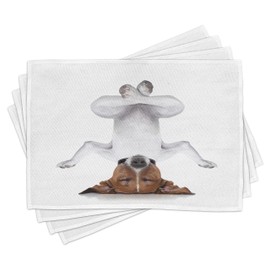 ABAKUHAUS Yoga Place Mats Set of 4, Dog Upside down Relax, Washable Fabric Placemats for Dining Room Kitchen Table Decor, White Brown
