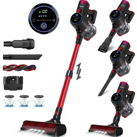 VYKLO V8 Cordless Vacuum Cleaner, Powerful Suction Stick Vacuum, 55Mins Runtime, Wireless Lightweight Handheld Vacuum Cleaner for Home, Hardwood Floor, Carpet, Car, Pet Hair Cleaning (Red)