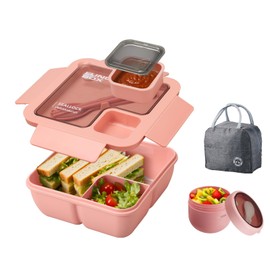 Nymblis Bento Lunch Box for Adults, Leakproof Bento Box Set with Insulated Bag, Cutlery, Soup Cup, 1100ML Lunch Box Kids with Compartments for Office, School, Travel, Picnic(Pink)