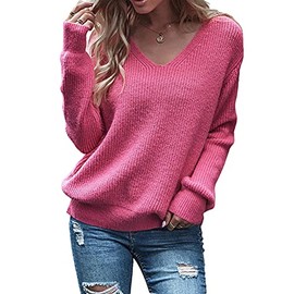 Eurivicy Women's Long Sleeve V Neck Pullover Tops Oversized Chunky Knitted Loose Jumper Sweaters Pink