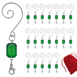 BANBERRY DESIGNS Christmas Ornament Hooks - Green Acrylic Gem - Silver Wire S-Hook with Lobster Claw Clasp - Set of 40-3" H