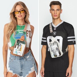 LATMAP DOUBLE ZIPPER Clear bags Stadium Approved Crossbody Sling Bag Fanny Pack Purses for Women Men Belt bag for Stadium Events,Brown