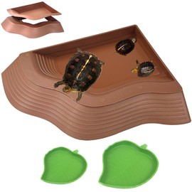 YUEMOOLIX 3 Pcs Large Tortoise Water Dish with Ramp Leaf Tortoise Water Food Bowls Reptile Water Dish Amphibians Habitat Accessories for Lizard Turtle Horned Frog Brown