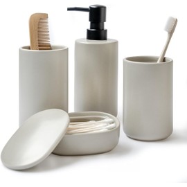 JO LAVIE - Beige Bathroom Accessory Sets, 4 Pieces Bathroom Accessories Complete Set Vanity Countertop Accessory Set, Includes Lotion Dispenser Soap Pump, Tumbler, Toothbrush Holder, Qtip Holder