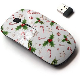 mouse inalámbrico de 2,4 G con bonito diseño de patrón para todos los portátiles y computadoras de computadora con nano receptor, acuarela de bastón de caramelo y menta pan de jengibre