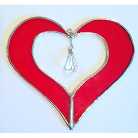 5" Stained Glass Red Heart Suncatcher with Crystal