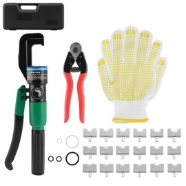 QWORK Hydraulic Crimper Tool for Stainless Steel Cable Railing and Copper/Aluminum Wires, 10-Ton with 180° Rotating Head, Vinyl Grip, and Crimping Dies