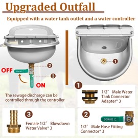 2 Set 1gal/4l Automatic Water Dispenser for Dogs Animal Drinking Bowl with Float Valve Stainless Steel Auto Waterer Outdoor Livestock Water Trough with Pipe Bolt for Horse Goat Chicken