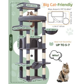 Taoqimiao 71 Inches Cat Tree for Large Cats 20lbs+, 3 Giant Perches, Multi-Level Cat Tree Tower, Widened Cat Condo with 9 Scratching Posts, Luxurious Hammcock & Basket, Smoky Gray, MS034G