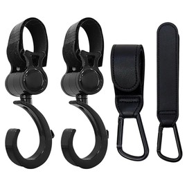 Pack of 4 Pram Hooks, Bag Hooks, Pram Hook Clips, Degree Rotatable Pram Hooks, Carabiner Hook, PU, Universal Buggy Clips for Backpack, Changing Bag, Handbag