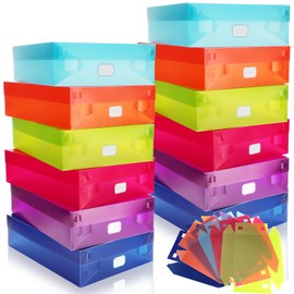 Pinkunn 12 Pcs Multicolor Plastic Document Boxes 12.2 x 9.06 x 3.35 Inch Keepsake Photo Storage Box Classroom Storage Bins with Lid File Cube Organizer with 6 Sheets Name Labels for School Office Home