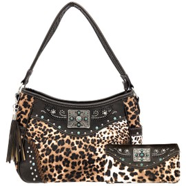 Leopard Animal Print Concealed Carry Feather Concho Country Vintage Western Handbag Hobo Purse Wallet Set (Leopard Chocolate)