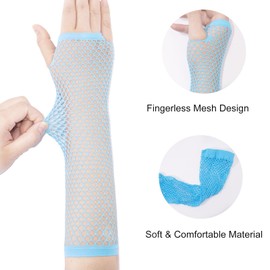 Fepdiu Women 80s Long Fishnet Fingerless Gloves Mesh Arm Sleeves One Size Fish Net Arm Sleeves EMO Gloves for Women in Theme Party Scene Accessories (light blue)