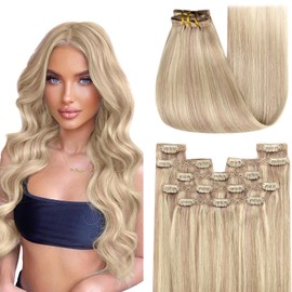 YoungSee Clip in Hair Extensions Real Human Hair Blonde Highlight Clip in Human Hair Extensions Warm Ash Blonde Highlights Bleach Blonde Real Human Hair Extensions Clip ins 20Inch 120G 7Pcs