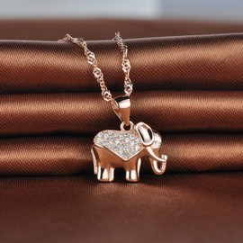 Infinite U Elegant Elephant Women Necklace 925 Sterling Silver Rhodium Plated Cubic Zirconia Pendant 18" Chain, Rose Gold