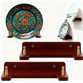 Chunful 2 Pcs Wall Plate Hanger, Acacia Wood & Brass Wall Mount Display Holder for 6-16 Inch Plates, Picture Frames, Artwork & Certificates, Decorative Rack for Home, Office & Gallery