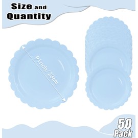 HEIPINIUYE 50 Pieces Light Blue Paper Plates 9 Inch Baby Blue Scalloped Plates Disposable Dinner Plates for Wedding Baby Shower Birthday Party Dessert Plates