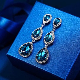 TOFBS Teardrop Dangle Earrings for Women Girls Crystal Cubic Zirconia Drop Hanging Earrings Hypoallergenic Trendy Statement Fashion Wedding Birthday Jewelry Gifts (Blue)