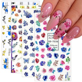 4 Sheets Flower Nail Art Stickers 5D Embossed Nail Decals Flowers Petals Leaf Nail Design Spring Sticker Geometry Engraved Floral Adhesive Foils Summer Leave Butterfly For Nail Art Manicure Decoration